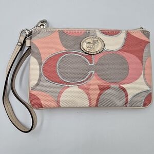 COACH Pink & Gray Nylon Canvas Wristlet Silver Embroidery Pearl Leather Strap